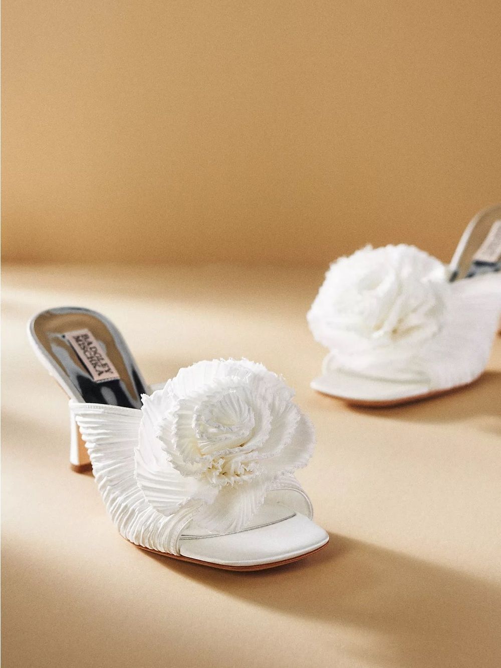 Badgley Mischka White Floral Rosette Satin Mules
